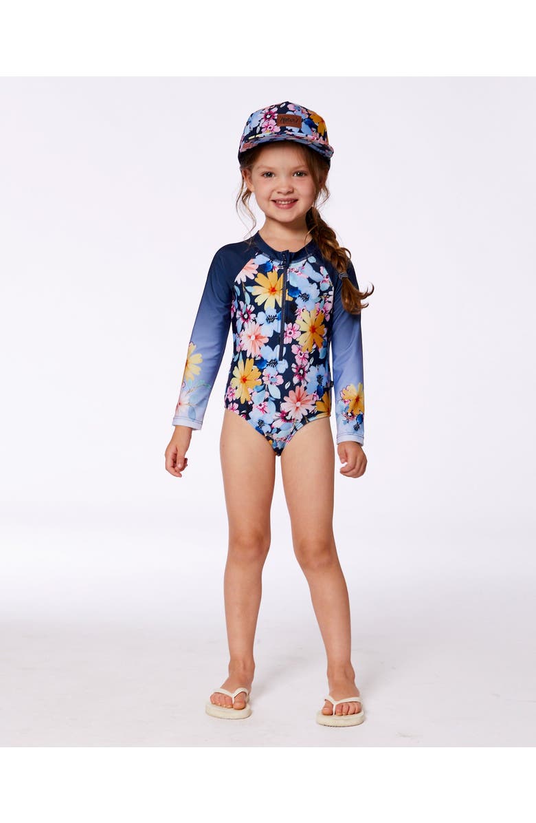 Deux par Deux Little Girl's Printed Long Sleeve Rashguard Navy And Yellow And Pink Flowers, Alternate, color, 