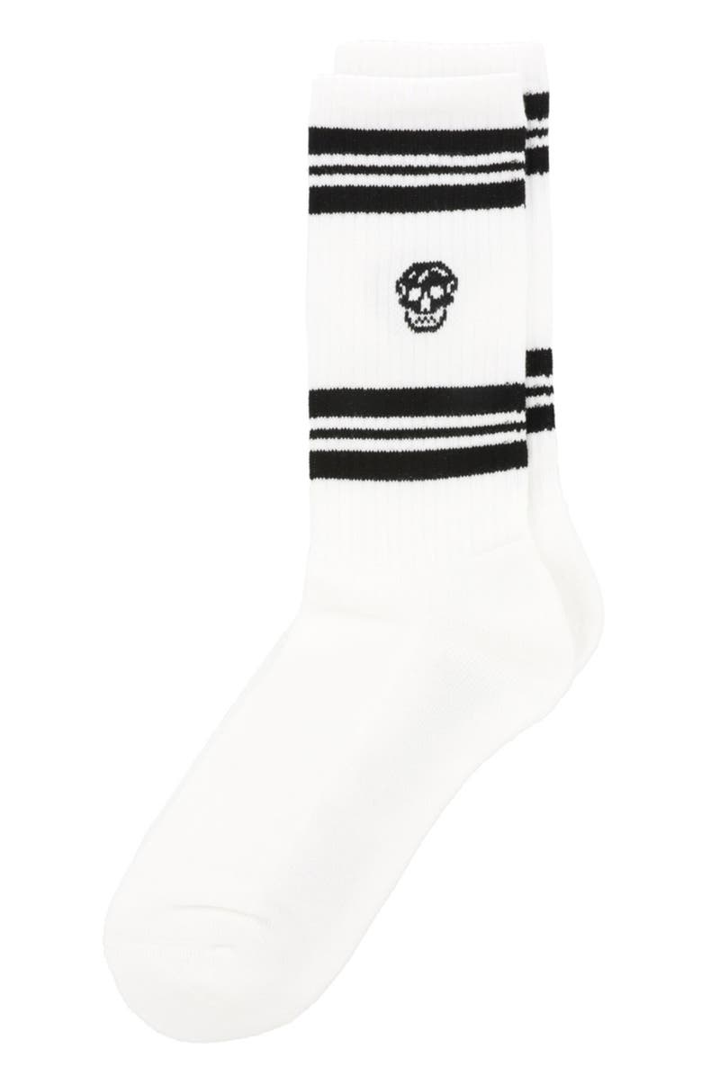 McQueen Stripe Skull Logo Crew Socks, Alternate, color, White Black