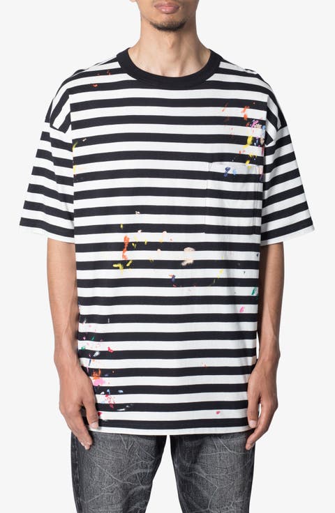 Stripe Paint Splatter Cotton Pocket T-Shirt