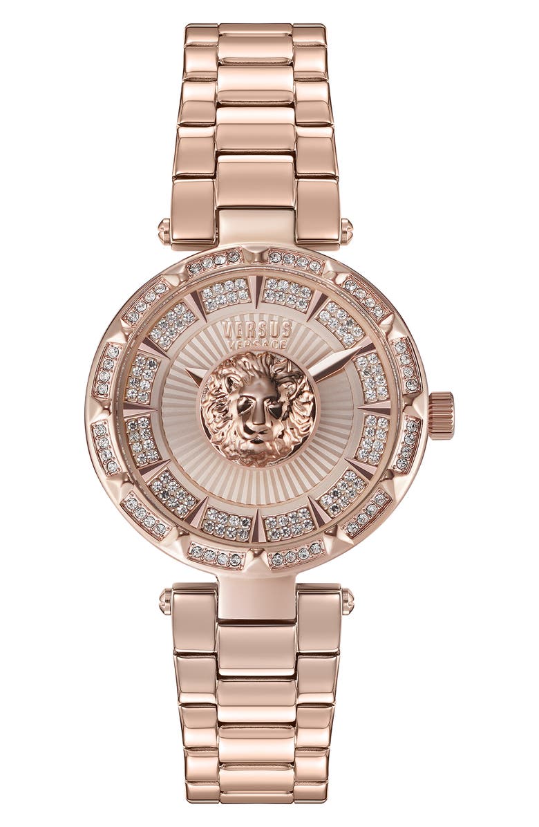 VERSUS Versace Sertie Rose Gold IP Crystal Embellished Stainless Steel Bracelet Watch, 36mm, Main, color, 