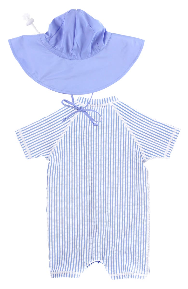 RuggedButts Seersucker One-Piece Swimsuit & Sun Hat Set, Alternate, color, Periwinkle