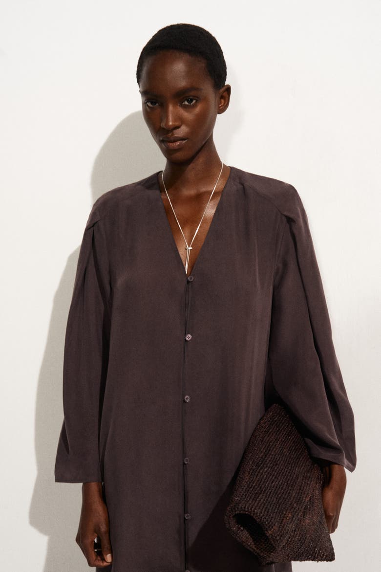 Gathered Silk Midi Dress, Alternate, color, BROWN