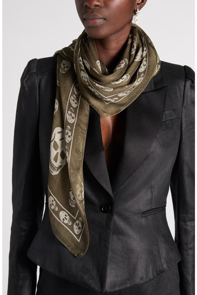 Skull Print Silk Scarf, Alternate, color, OLIVE