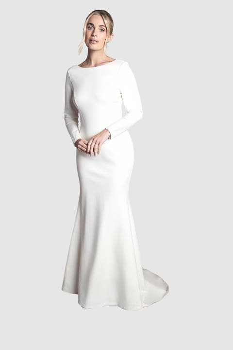 Petite Slash Neck Puddle Wedding Dress