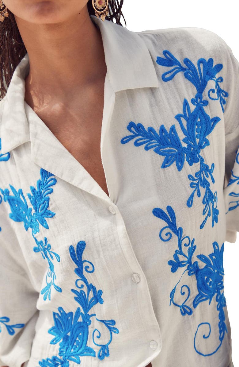 NEXT Embroidered Cotton Button-Up Camp Shirt, Alternate, color, White