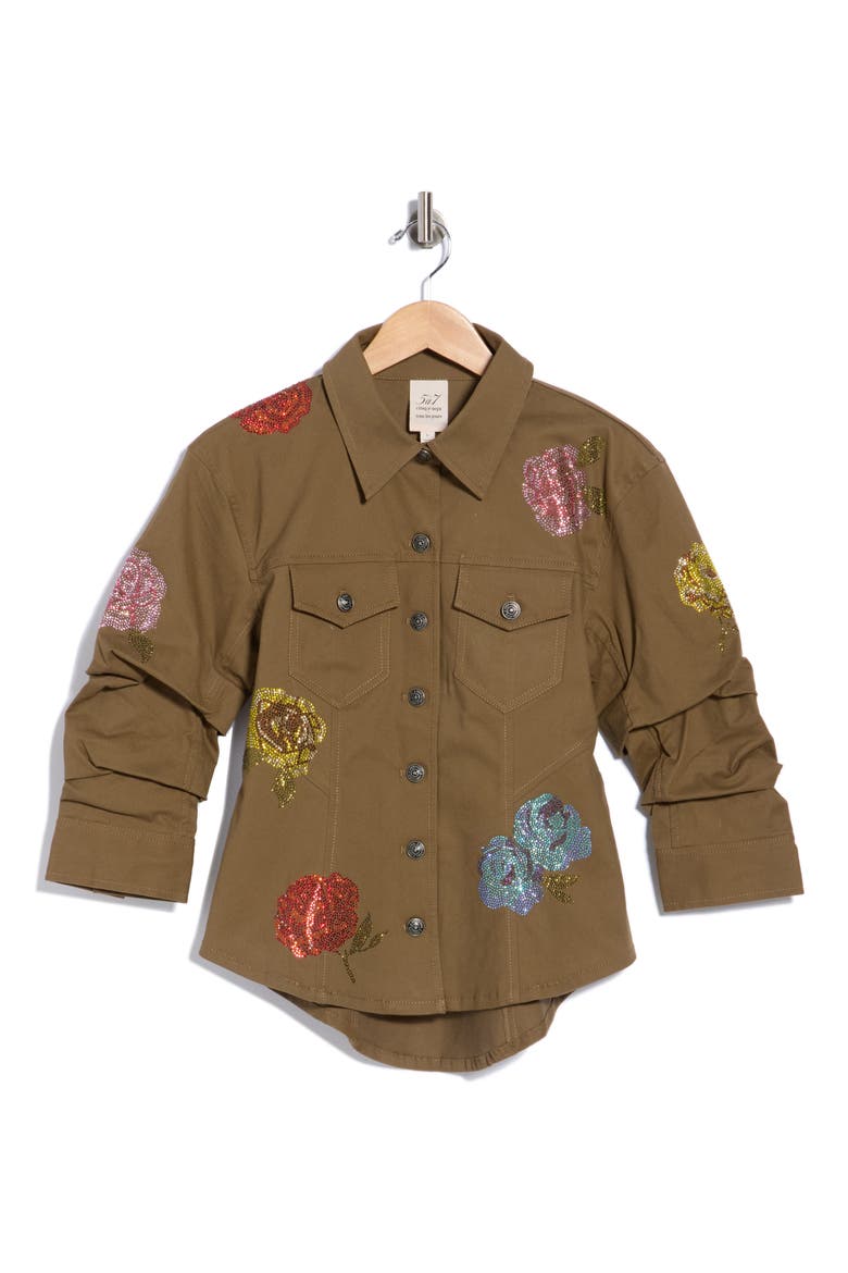 Canyon Heatset Roses Scrunched Jacket, Main, color, DARK OLIVE MULTI