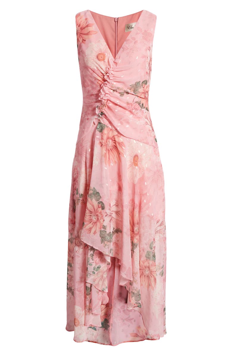 Eliza J Floral Ruched Clip Dot Chiffon Cocktail Dress, Alternate, color, 