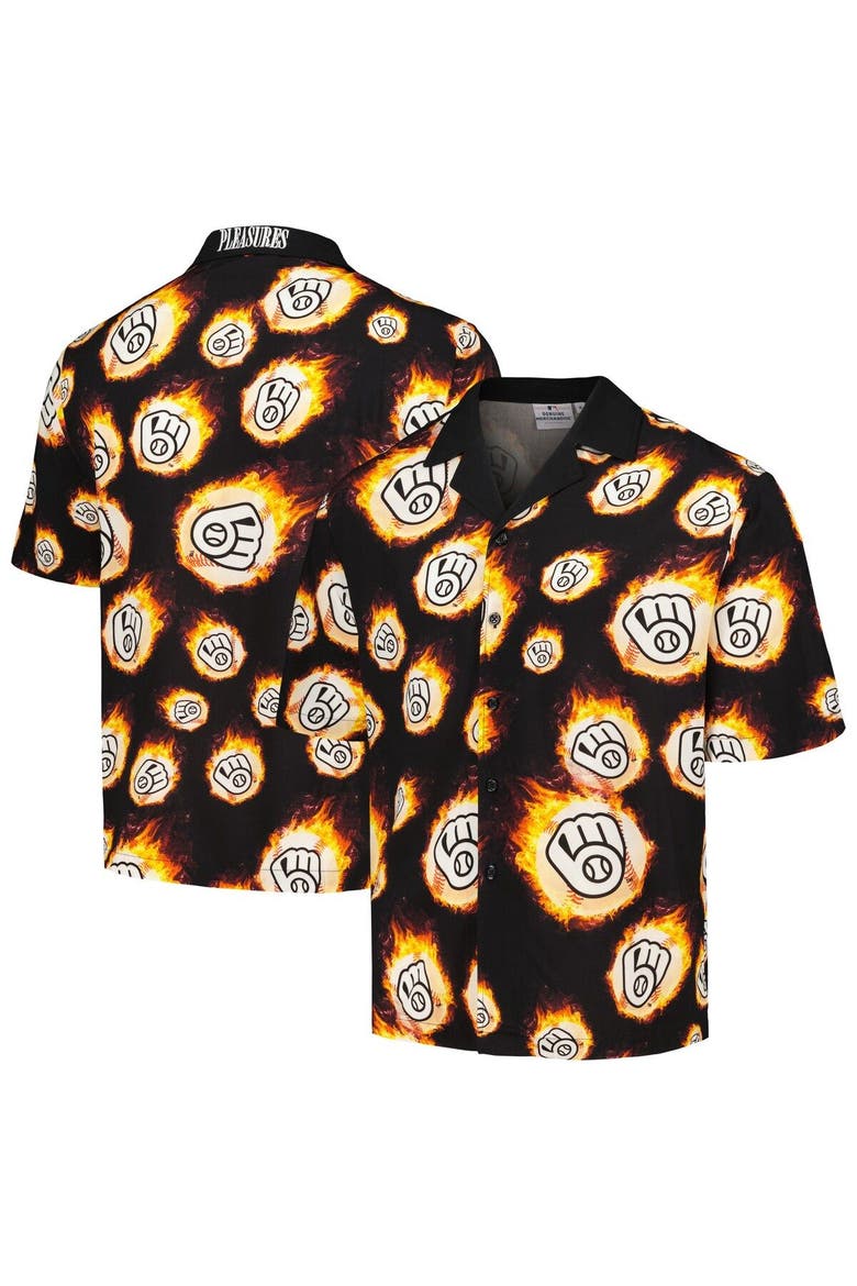 Men's PLEASURES  Black Milwaukee Brewers Flame Fireball Button-Up Shirt, Main, color, Black