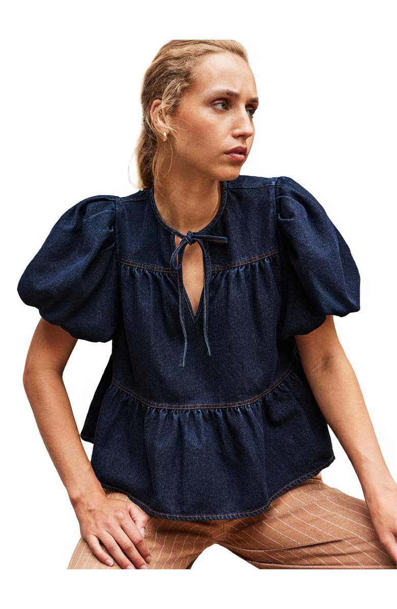 Ro&Zo Denim Puff Sleeve Tie Neck Top, Main, color, Blue