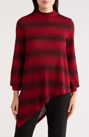 Patrizia Luca Stripe Long Sleeve Tunic Top In Red