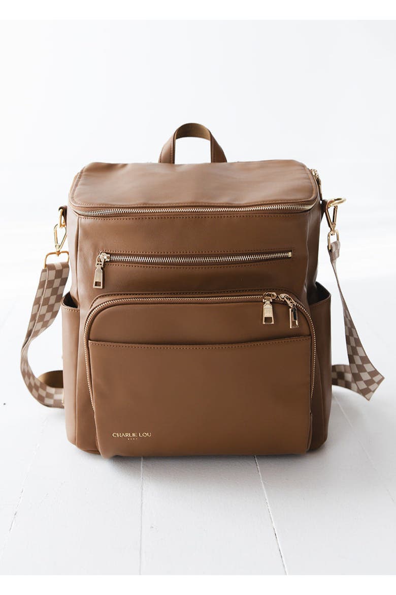 Vegan Leather Large Diaper Bag | 2 Insulated Bottle Pockets, Checkered Crossbody Strap, Stroller Straps & Changing Mat Included, Alternate, color, Brown