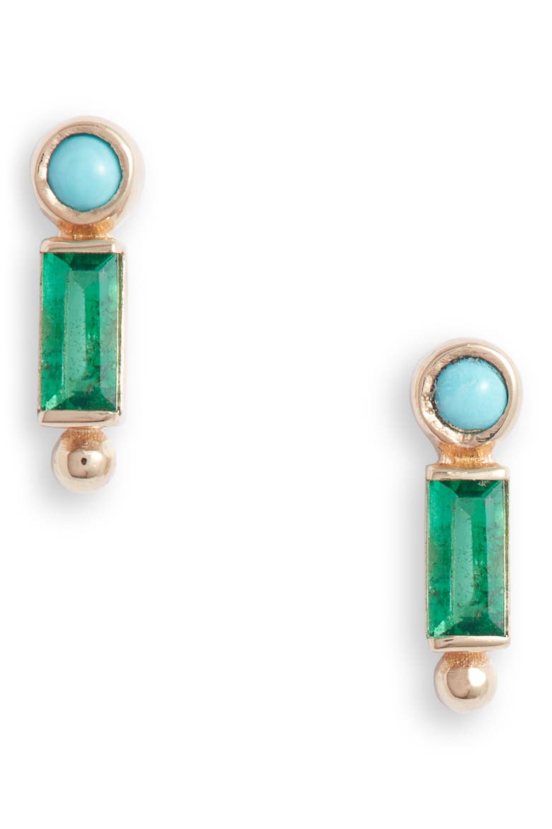 Dew Drop Bezel Stud Earrings, Main, color, YELLOW GOLD/ GREEN/ BLUE