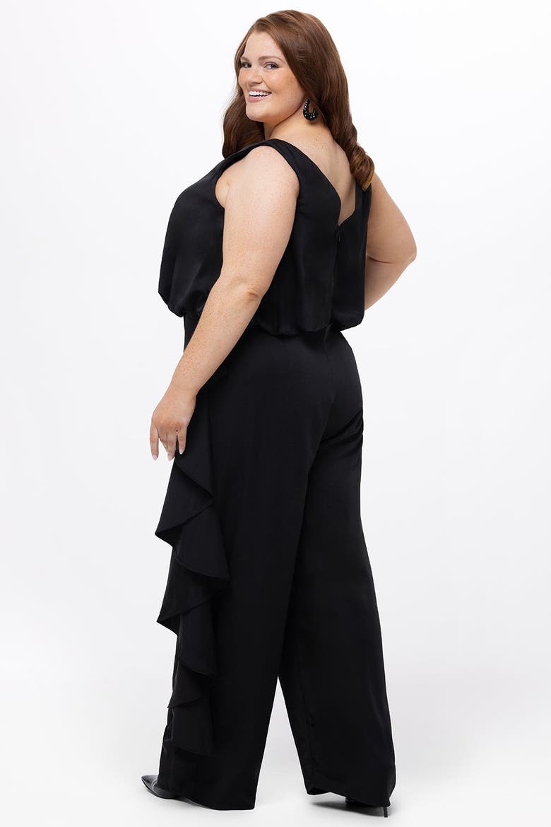 V-Neck Stretch Satin Plus Size Jumpsuit with Ruffles, Alternate, color, Black