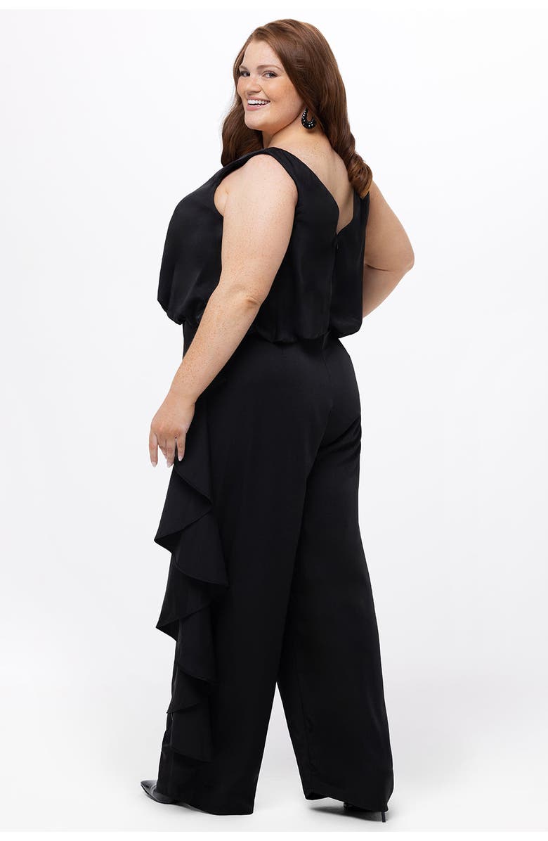 Celebrations by Sydney's Closet V-Neck Stretch Satin Plus Size Jumpsuit with Ruffles, Alternate, color, Black