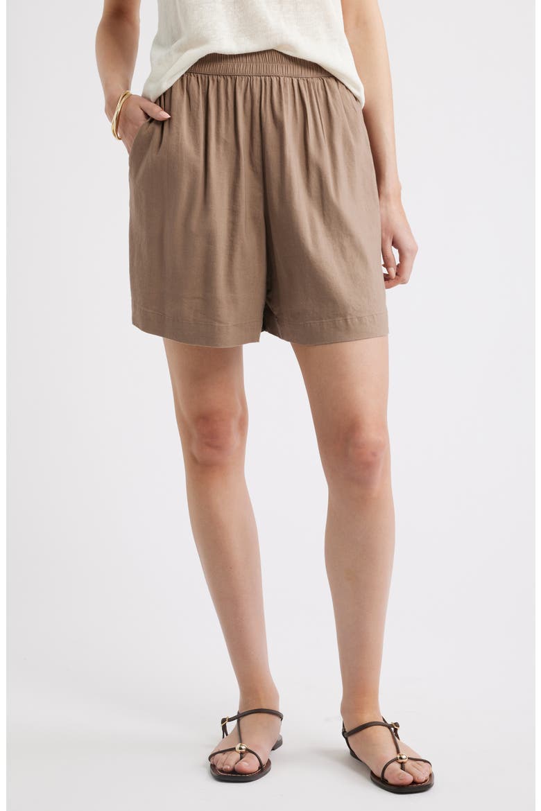 Pull-On Linen Blend Shorts, Main, color, BROWN LENTIL