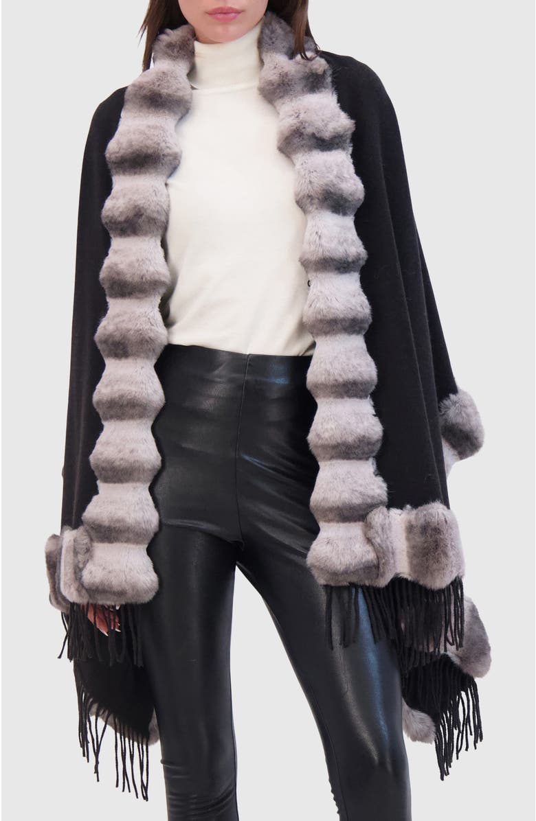 Lyla Grant Cashmere & Wool Blend Cape With Fur-Free Chinchilla (Faux Fur) Trim, Alternate, color, Black/Gray Chinch