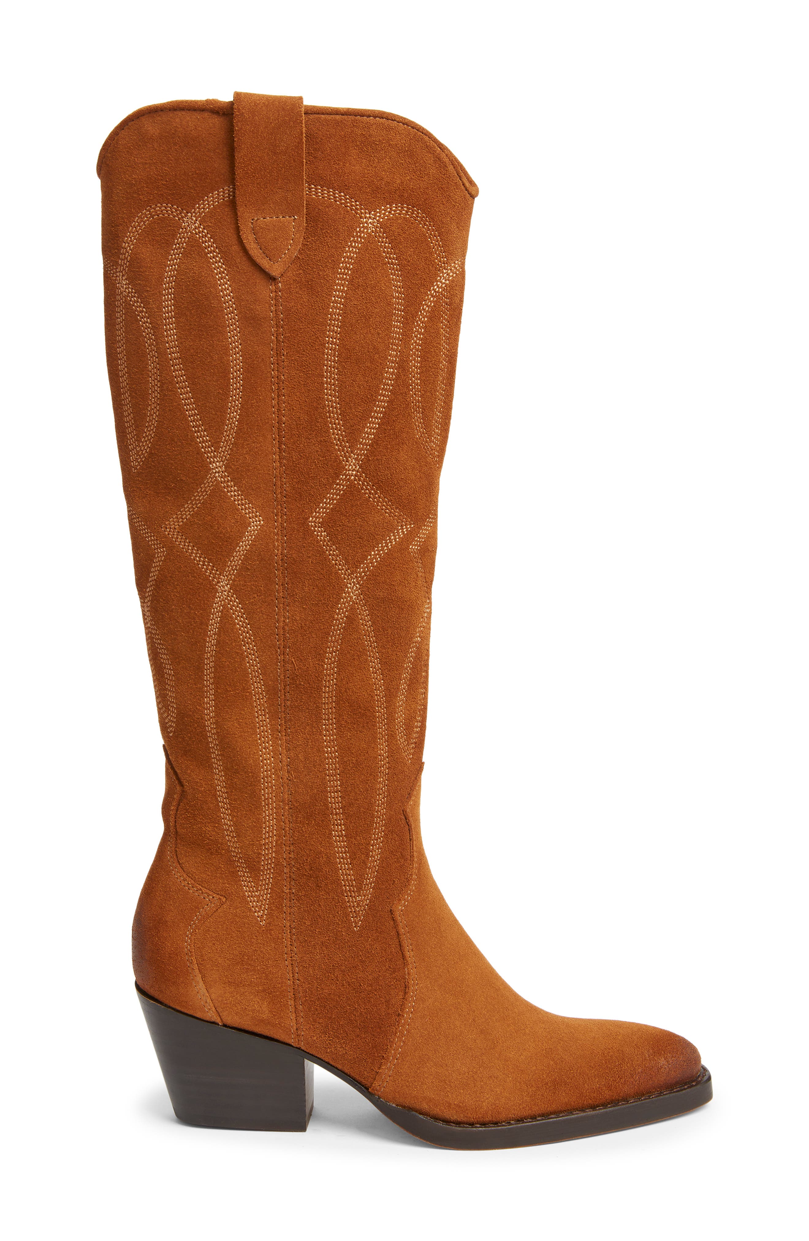 Klancy Knee High Western Boot, Alternate, color, COGNAC SUEDE