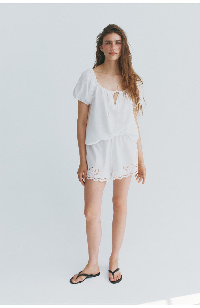 H&M Puff-sleeved Linen-blend Blouse, Alternate, color, White