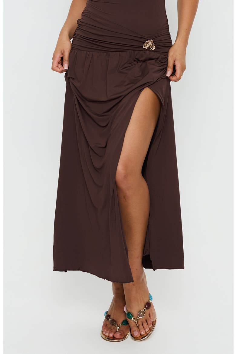 Alexe Ruched Strapless Maxi Dress, Main, color, CHOCOLATE