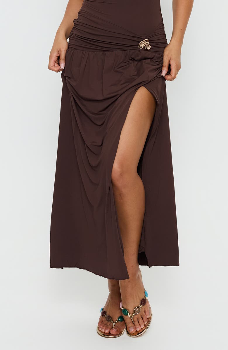 Princess Polly Alexe Ruched Strapless Maxi Dress, Main, color, Chocolate