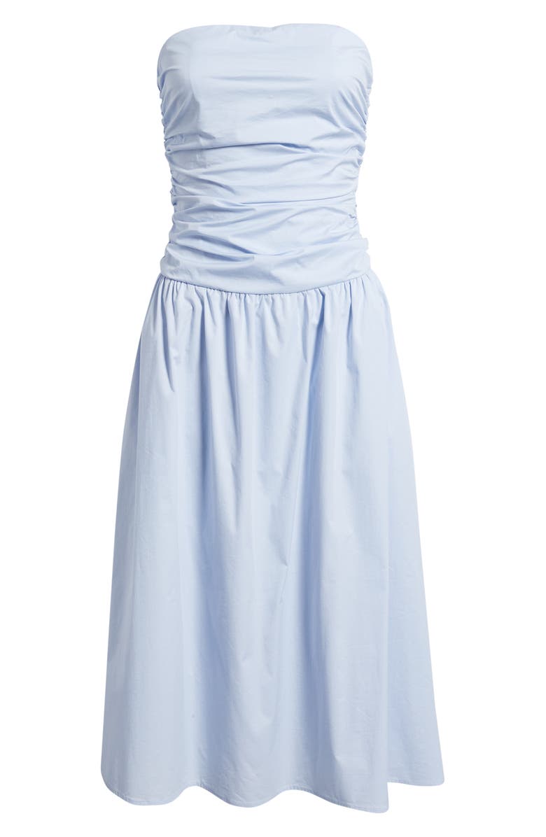 Lulus Molly Ruched Bodice Strapless A-Line Midi Dress, Alternate, color, Light Blue