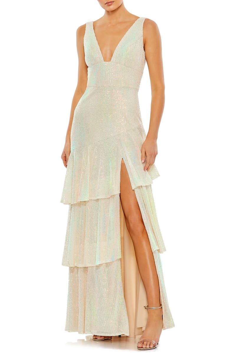 Mac Duggal Sequin Ruffle Asymmetric Tiered Gown, Main, color,