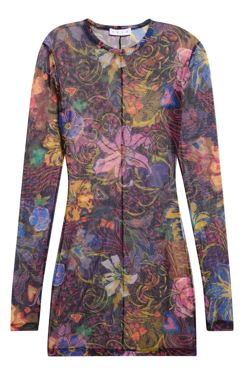 Area Hotfix Printed Long Sleeve Tulle Minidress, Alternate, color, Black Multi