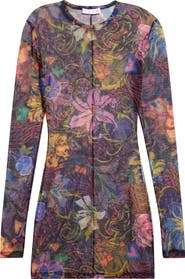 Area Hotfix Printed Long Sleeve Tulle Minidress