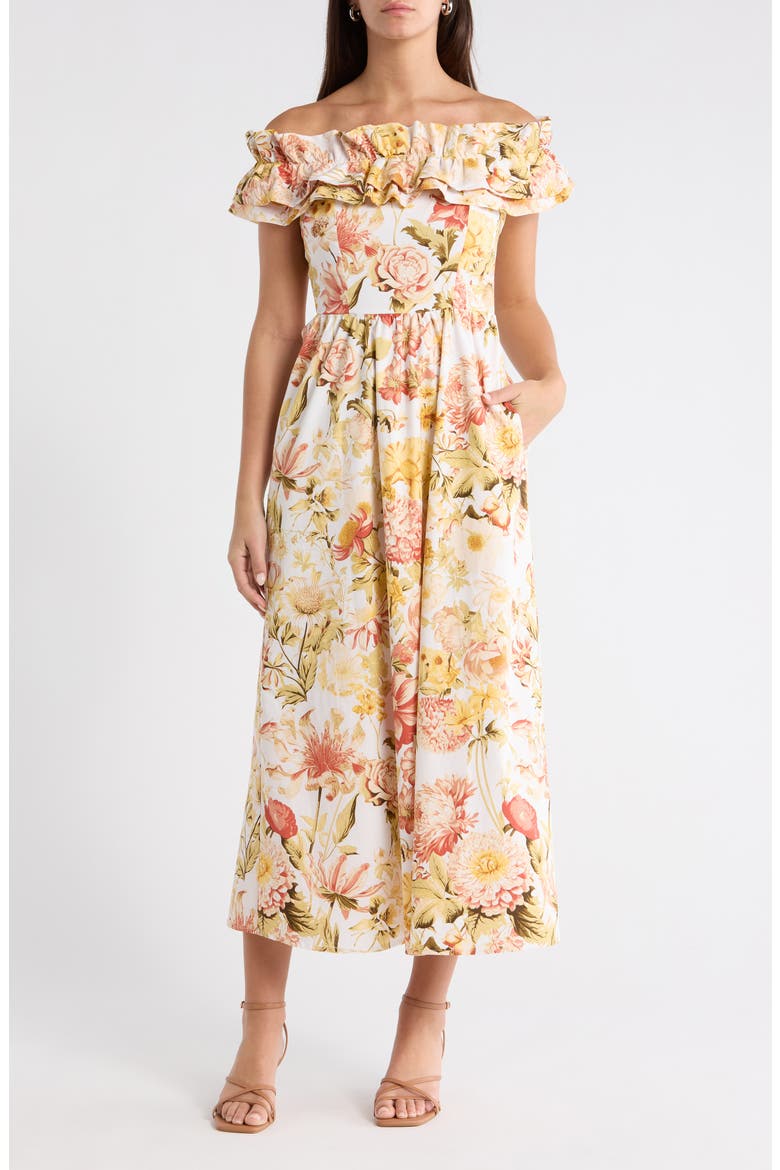 Zury Floral Jana Ruffle Maxi Dress, Main, color, CORAL-MULT