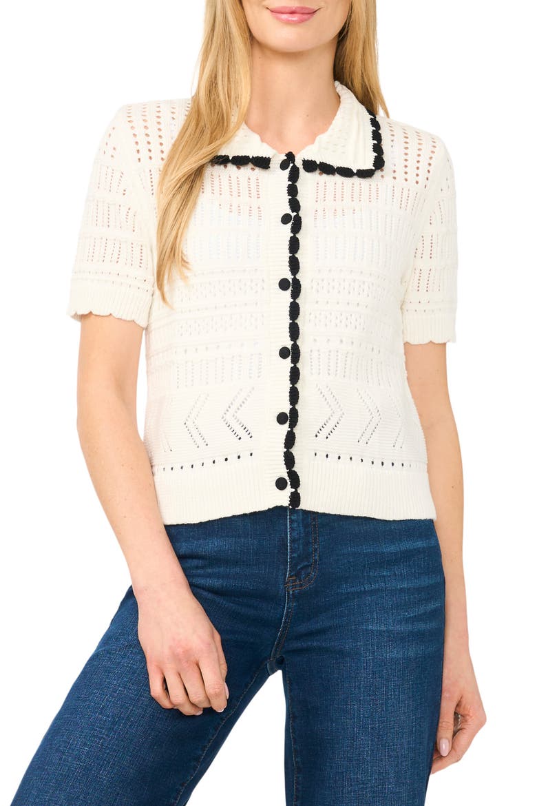 Pointelle Knit Cotton Button Front Sweater, Main, color, ANTIQUE WHITE