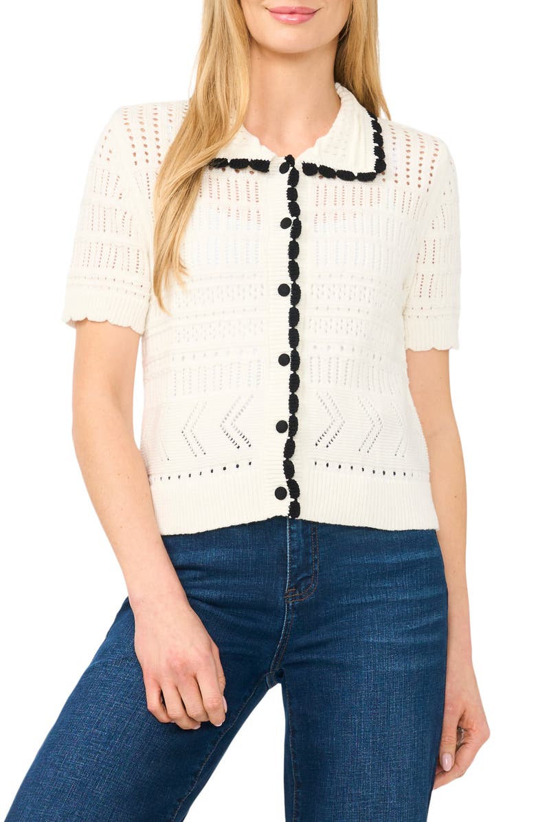 CeCe Pointelle Knit Cotton Button Front Sweater, Main, color, Antique White