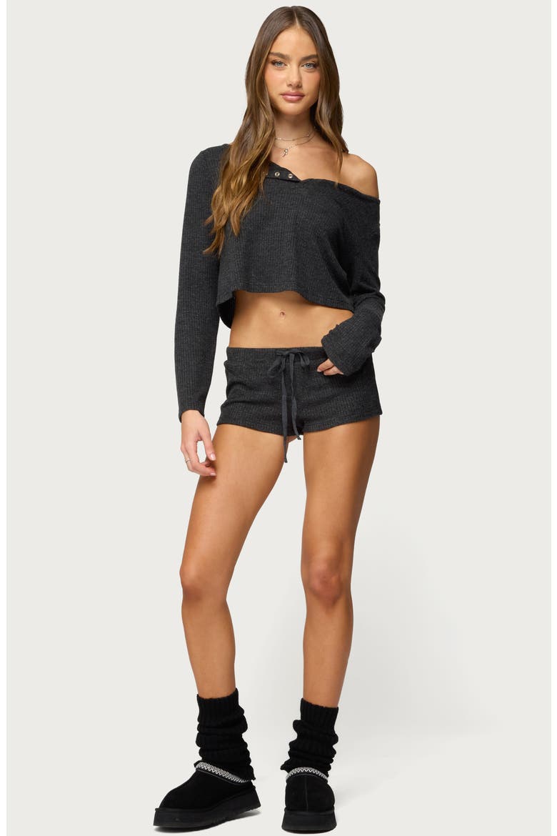 Teddy Off the Shoulder Waffle Knit Crop Top, Alternate, color, BLACK
