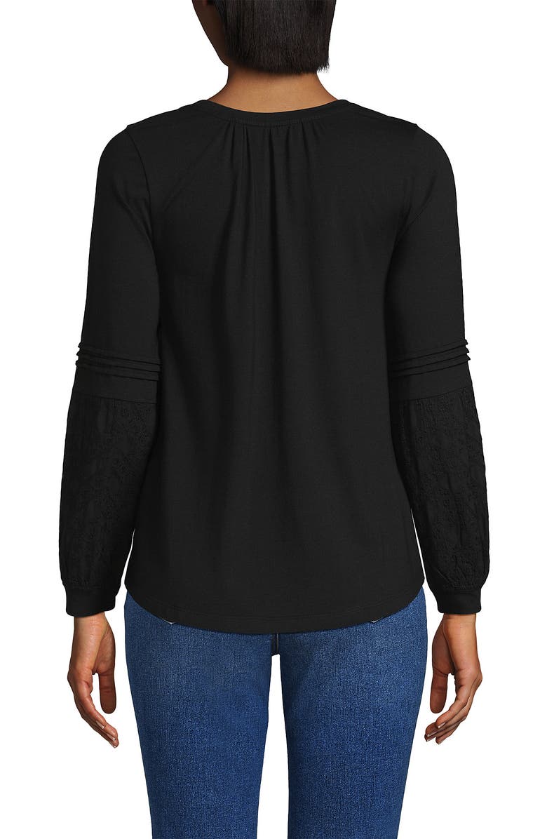 Lands' End Lightweight Jersey Lace Mix Long Sleeve Pintuck Top, Alternate, color, Black