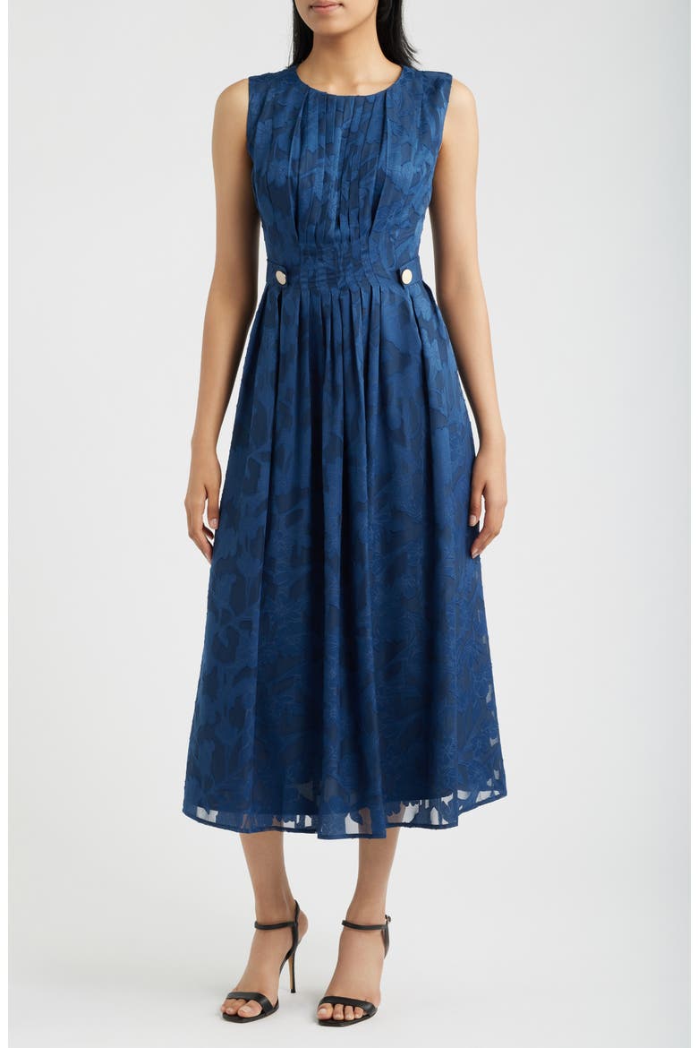 Pleated Floral Jacquard Midi A Line Dress, Main, color, BLUE CARBON