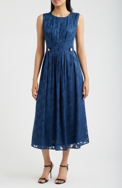 Pleated Floral Jacquard Midi A Line Dress