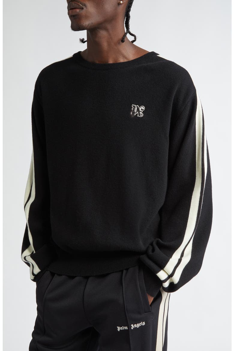 Monogram Track Stripe Crewneck Sweater, Alternate, color, BLACK OFF WHITE
