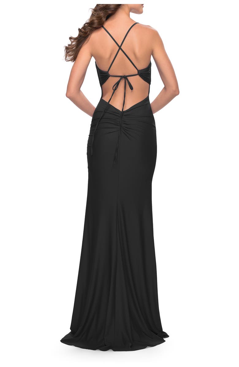 La Femme Soft Jersey Dress with Knot Detail on Bust and Hip, Alternate, color, Black