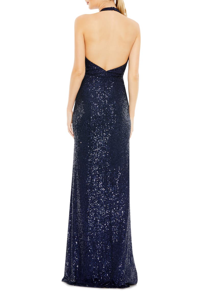 Sequined Halter Strap Plunge Neck Gown, Alternate, color, NAVY