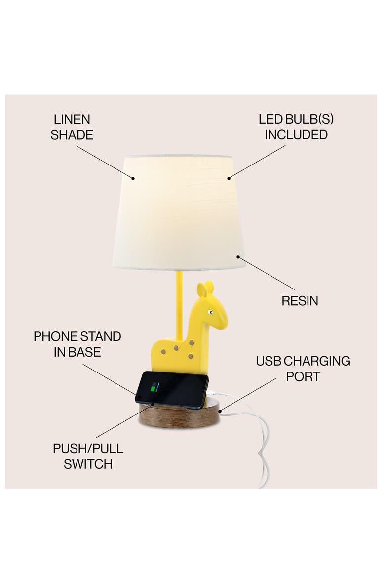Sahara Mid-Century Vintage Iron/Resin Giraffe LED Kids' Table Lamp with Phone Stand and USB Charging Port, Alternate, color, Yellow