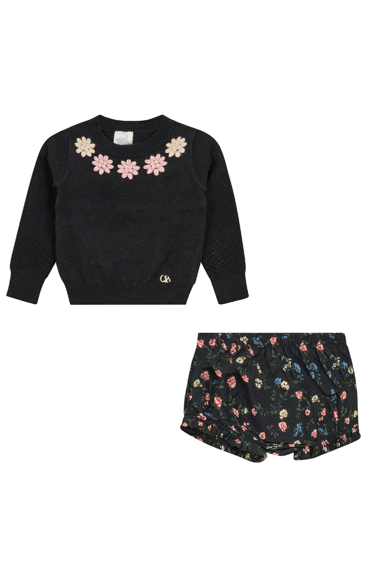 Clô Flower Embroidered 2 Piece Long Sleeve Top and Bottom Set, Main, color, Black