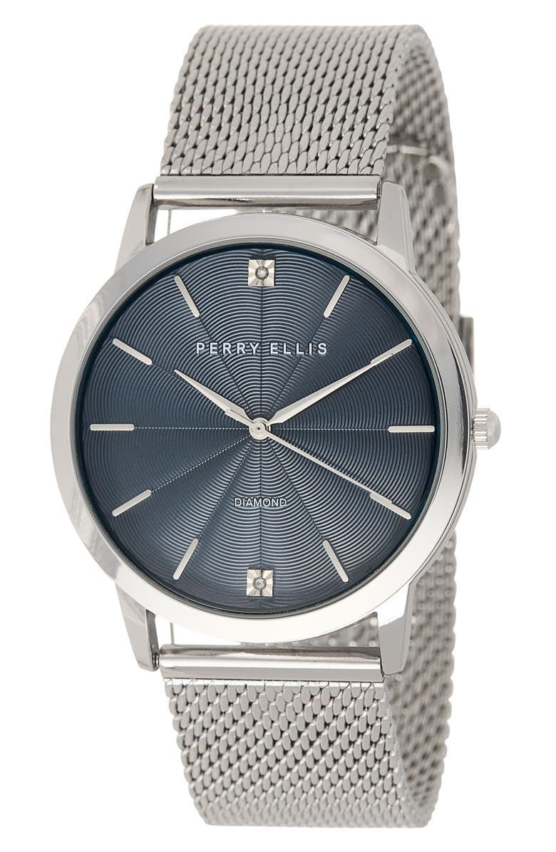 Perry Ellis 3-Hand Quartz Diamond Solitaire Mesh Strap Watch, 41mm, Main, color, Silver
