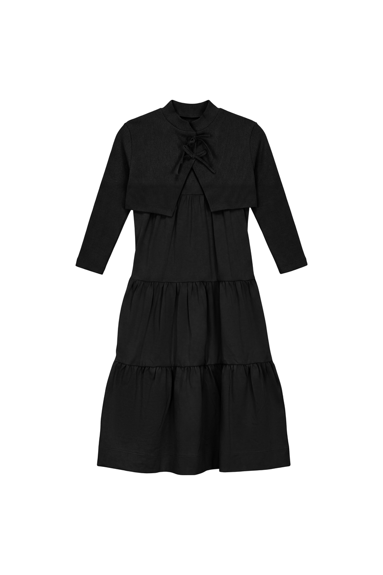 Jumper Scallop Neck Cardigan & Tiered Dress Set, Main, color, Black