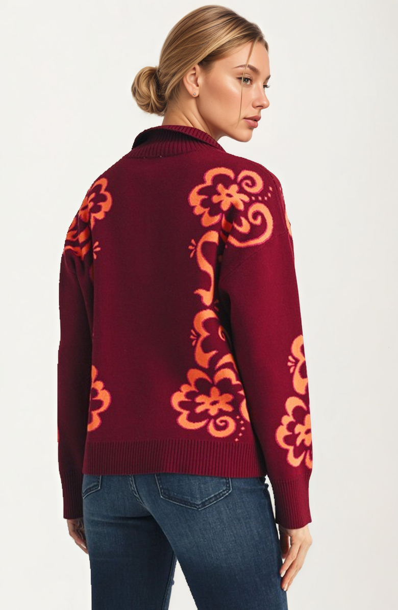 Knit and Lounge Floral Quarter-Zip Sweater, Alternate, color, Burgundy Floral