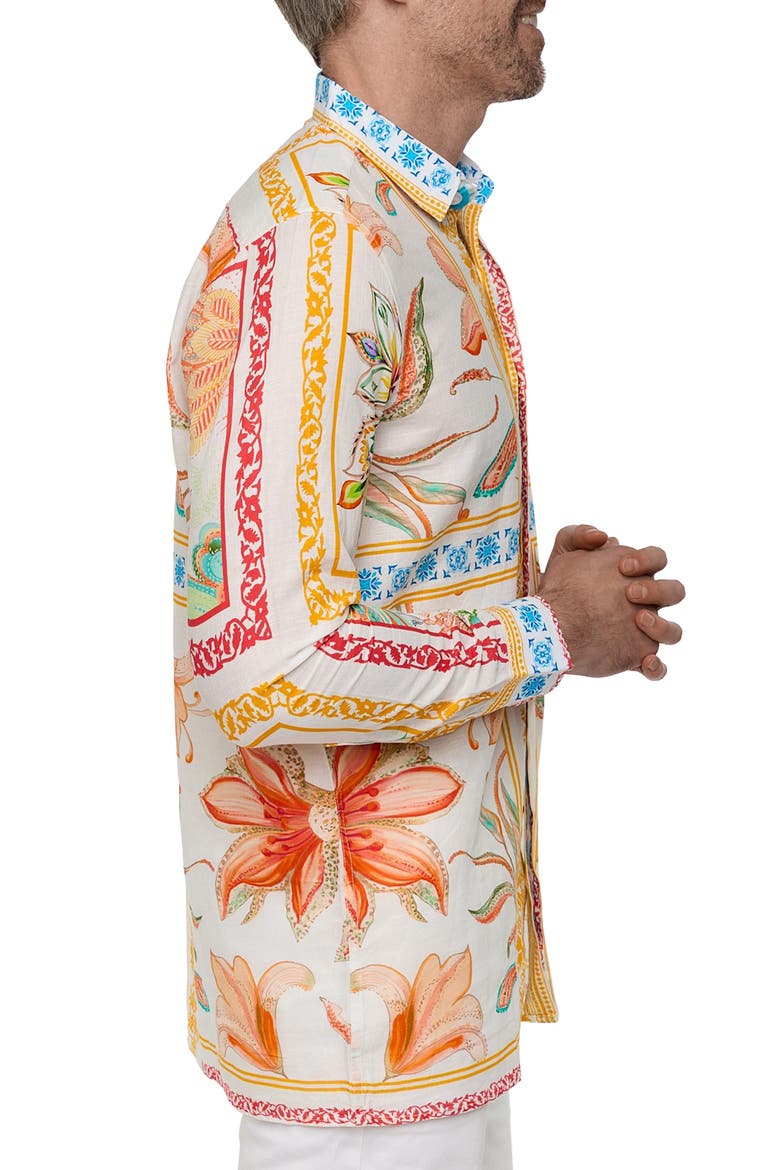 Extra Trim Fit Print Linen & Cotton Button-Up Resort Shirt, Alternate, color, WHITE