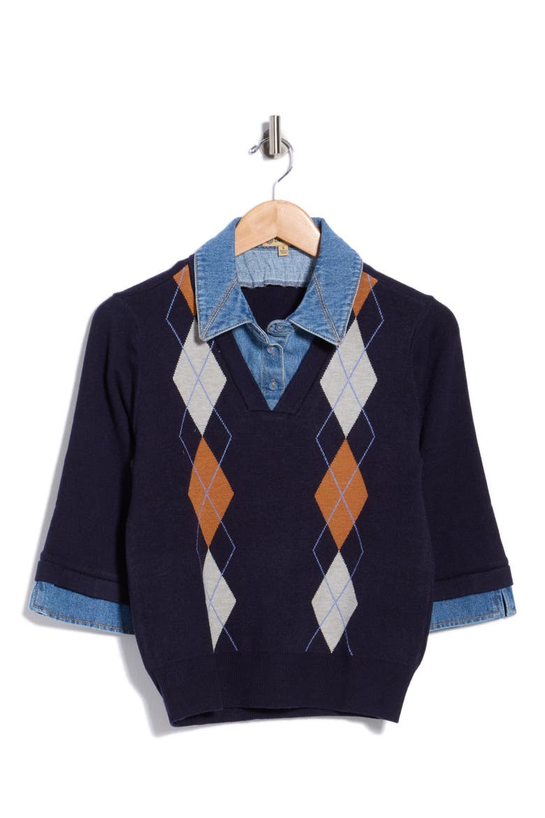 Denim Trim Argyle Sweater, Main, color, NAVY MULTI
