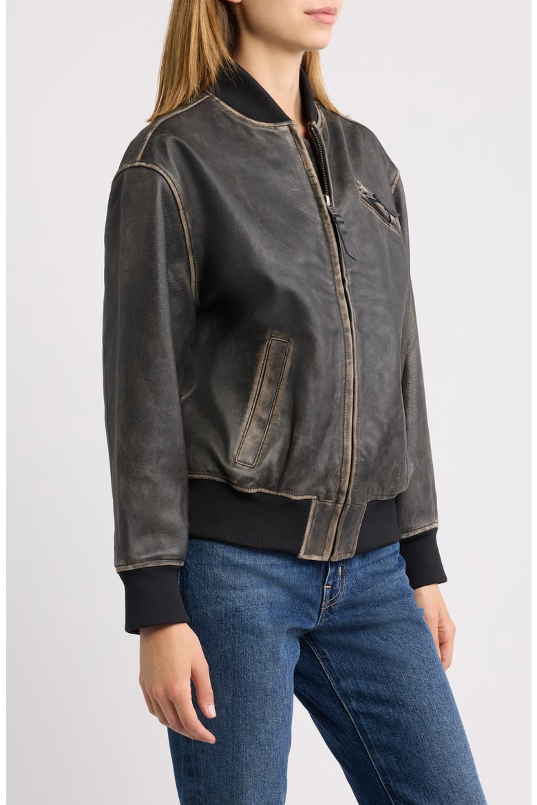 Goat Crack Leather Bomber Jacket, Alternate, color, BLACK