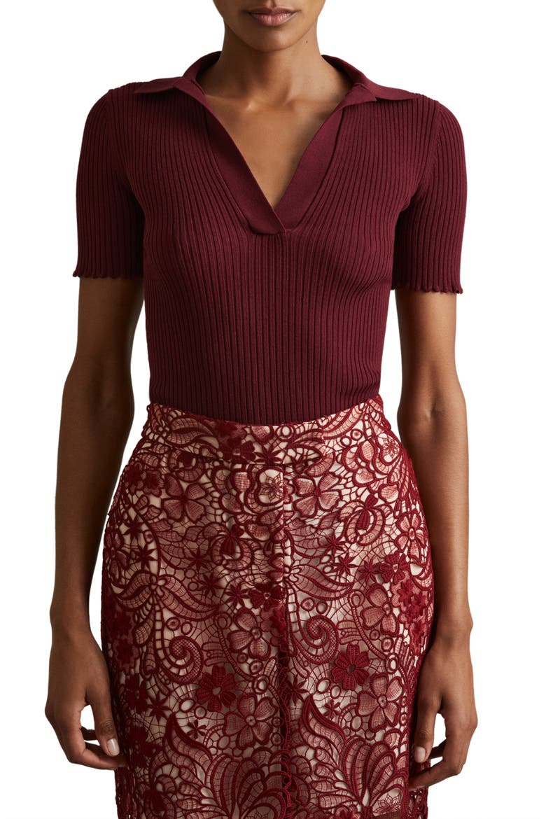 Lina Rib Cotton Blend Polo Sweater, Main, color, BURGUNDY
