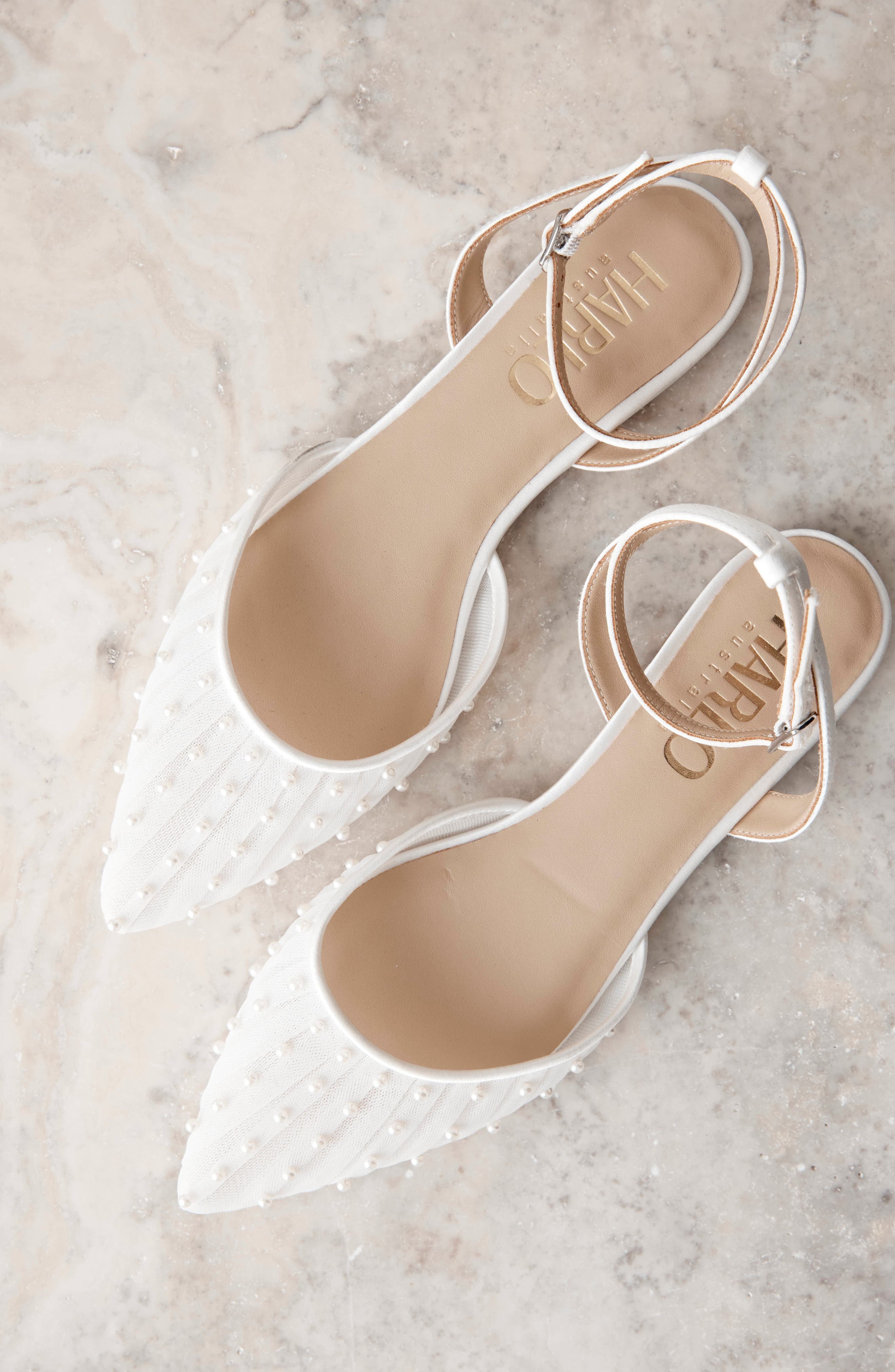 HARLO Australia Chanel Pearl - Tulle Bridal Flats with Handsewn Pearls, Alternate, color, Soft White Satin