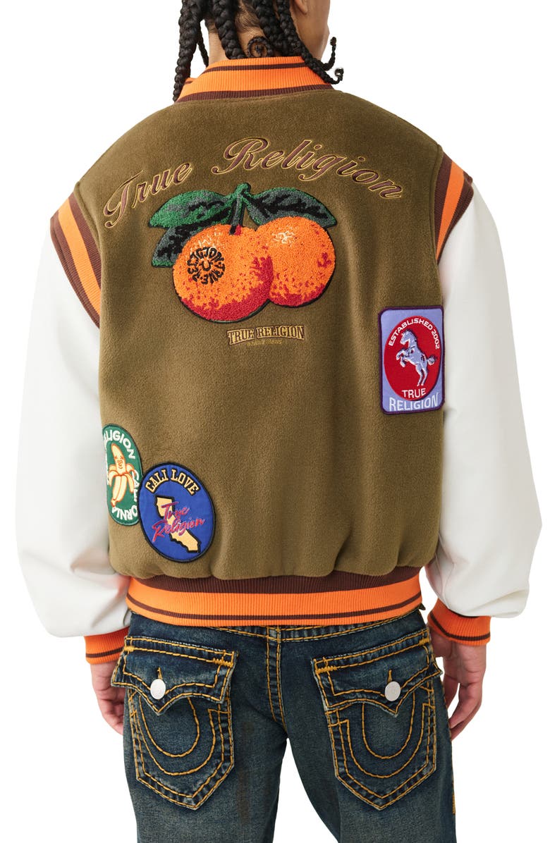 True Religion Garden Logo Retro Varsity Jacket, Alternate, color, Capers Green / Winter White