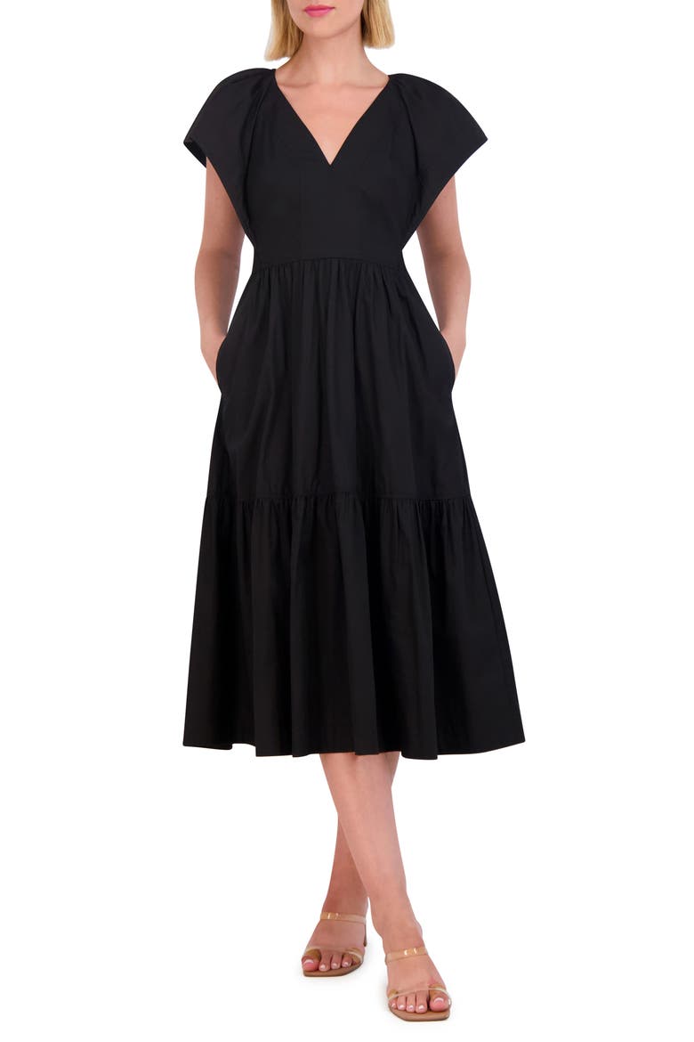 Flutter Sleeve Cotton Midi Dress, Main, color, BLACK